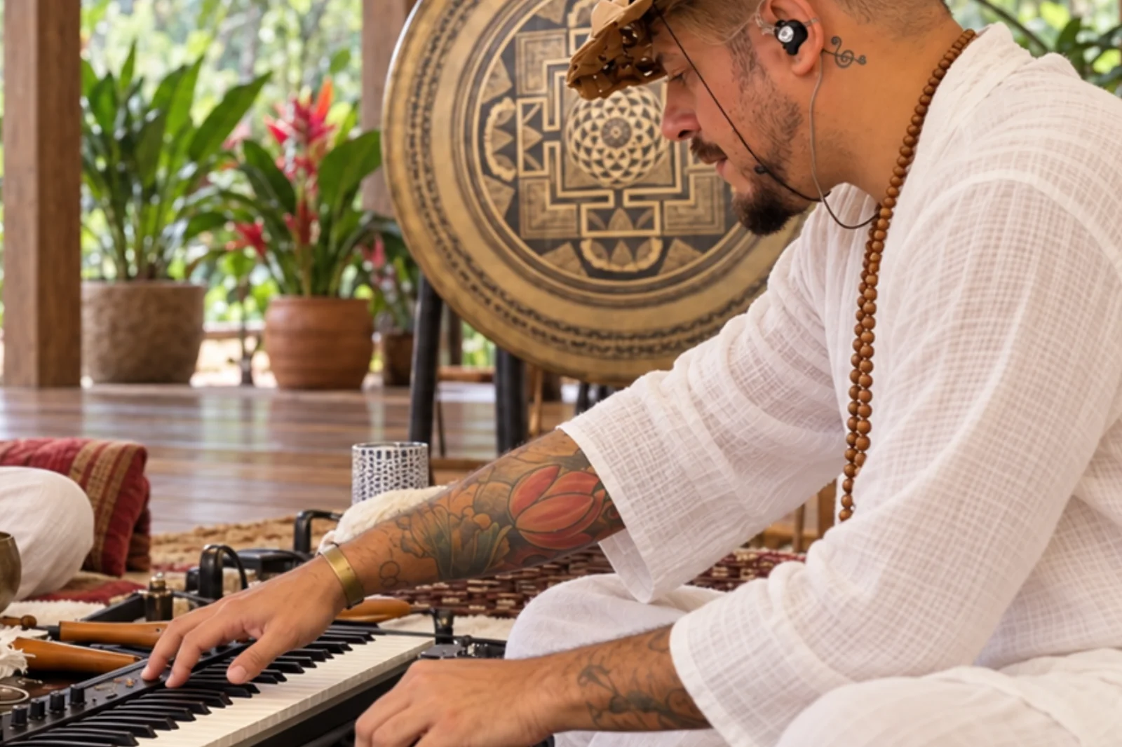  Rodolfo Andrade e Luiz Nila, do Sacred Nature Waves, em uma composição ambientada em Bali, em um espaço de madeira aberto para a vegetação tropical. Um toca kalimba, enquanto o outro explora o sintetizador e os efeitos sonoros, cercados por gongo, tigela tibetana e flautas.