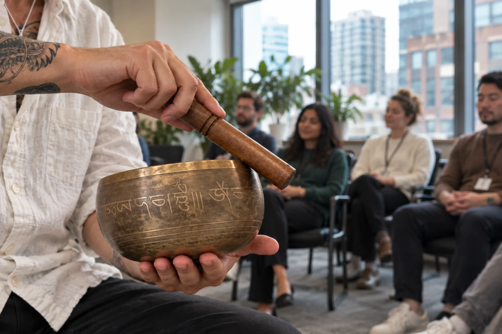 Tigela tibetana de bronze com inscrições gravadas, apoiada na mão de um facilitador de camisa branca e braço tatuado, que segura uma baqueta de madeira junto à borda. Ao fundo, colaboradores sentados participam de uma experiência de Sound Healing em uma sala corporativa iluminada por grandes janelas, com plantas e vista para a cidade.
